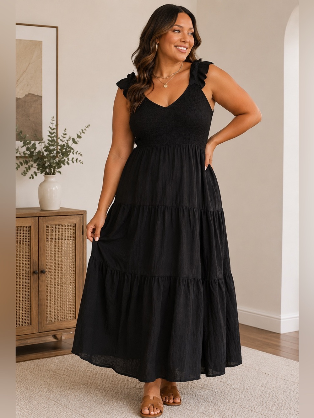 Ava & Viv Black Maxi Dress 2X Ruffle Sleeveless Smocked Back Tiered